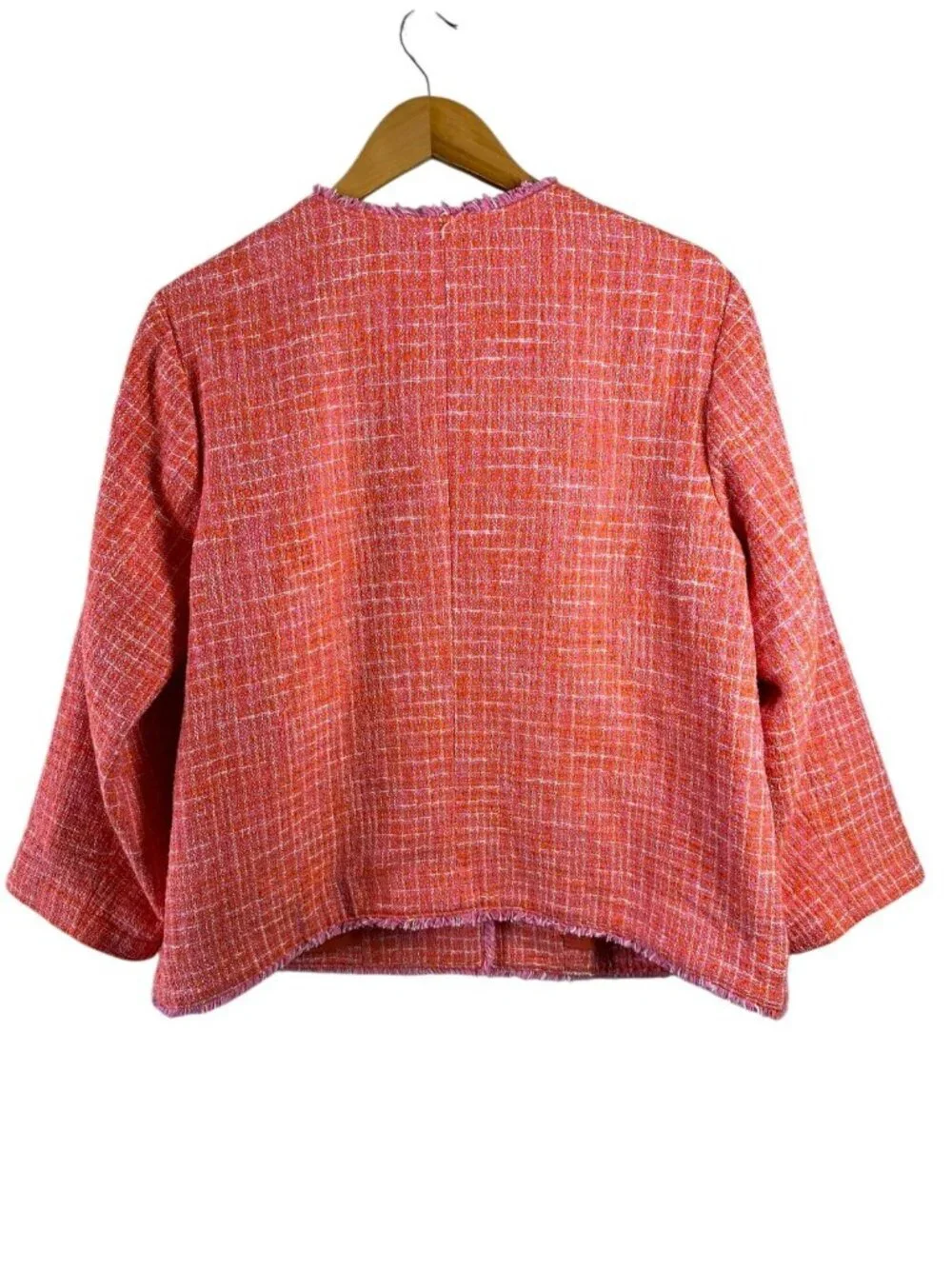 J. Jill Coral Pink Tweed Textured Jacket Fringe Trim Cotton Blend XL - Picture 7 of 8
